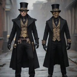 Steampunk villains cloaked in elaborate Victorian-era attire, peppered with gears, brass, and plenty of attitude. Their cruel intentions are matched by menacing mechanical weapons and ominous masks, creating a unique fusion of gentlemanly evil and industrial innovation.