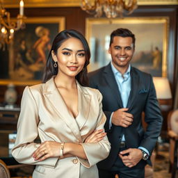 An Indonesian woman with prominent features, exuding elegance and charm, amidst a lavish, opulent setting that reflects the lifestyle of the wealthy