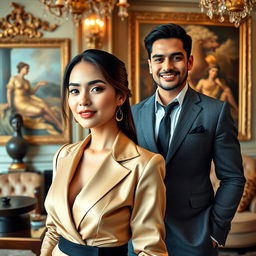 An Indonesian woman with prominent features, exuding elegance and charm, amidst a lavish, opulent setting that reflects the lifestyle of the wealthy