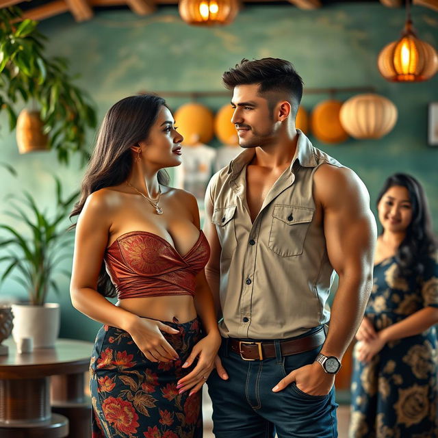 A wealthy Indonesian woman with large breasts, exuding confidence and elegance, dressed in luxurious yet tasteful attire, paired with a handsome, muscular man in casual clothes, showcasing his hardworking nature