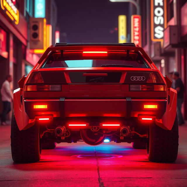 A heavily armored red 2-door 1980s Audi Quattro with a striking neon red underglow, showcased from a rear side view