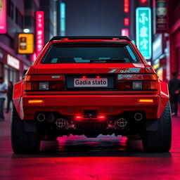 A heavily armored red 2-door 1980s Audi Quattro with a striking neon red underglow, showcased from a rear side view