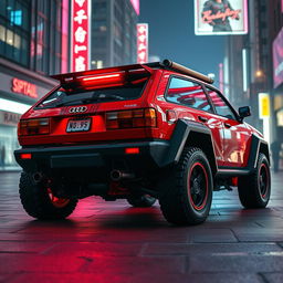 A heavily armored red 2-door 1980s Audi Quattro with a striking neon red underglow, showcased from a rear side view