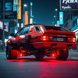 A heavily armored red 2-door 1980s Audi Quattro with a striking neon red underglow, showcased from a rear side view