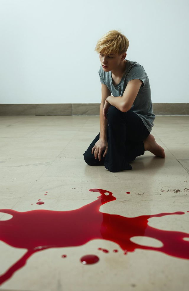 A young blonde man kneeling in front of a puddle of blood, with a minimalist aesthetic