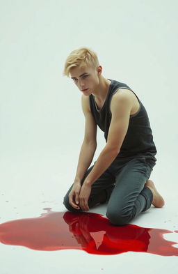 A young blonde man kneeling in front of a puddle of blood, with a minimalist aesthetic