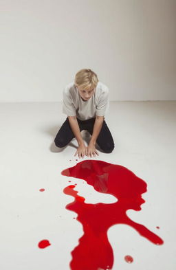 A young blonde man kneeling in front of a puddle of blood, with a minimalist aesthetic