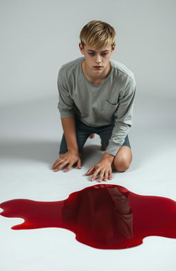 A young blonde man kneeling in front of a puddle of blood, with a minimalist aesthetic