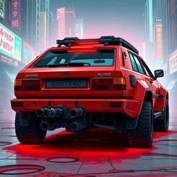 A heavily armored red 2-door 1980s Audi Quattro with a vibrant neon red underglow, depicted from a rear side view