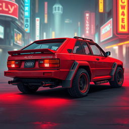 A heavily armored red 2-door 1980s Audi Quattro with a vibrant neon red underglow, depicted from a rear side view