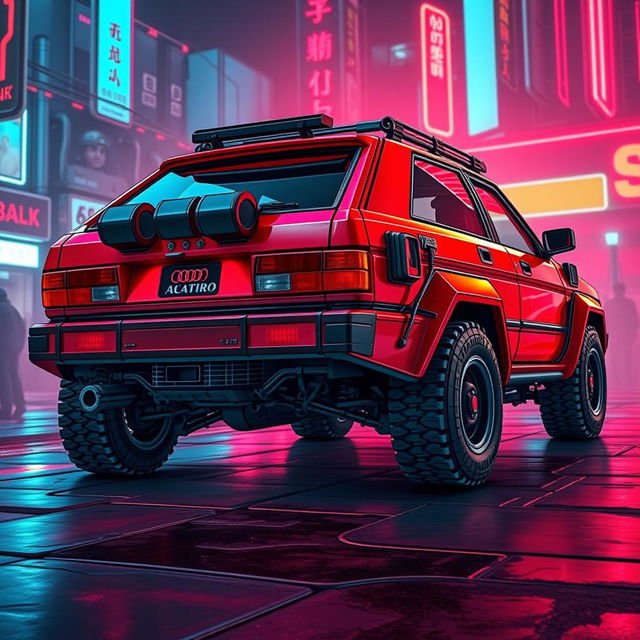 A heavily armored red 2-door 1980s Audi Quattro with a vibrant neon red underglow, depicted from a rear side view