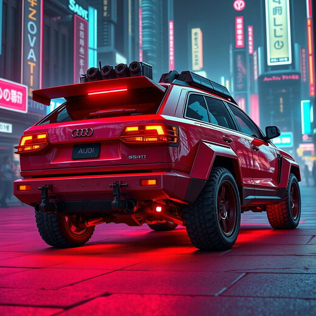 A heavily armored red 2-door 1980s Audi Quattro, showcasing its fierce design in a rear side view