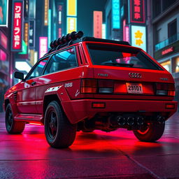 A heavily armored red 2-door 1980s Audi Quattro, detailed in a captivating rear side view