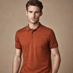 A stylish rust brown polo shirt impeccably designed with slight variations in hue, featuring a soft collar and a two-button placket.