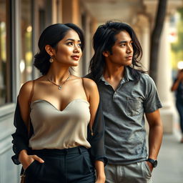 A wealthy Indonesian woman with large breasts, dressed elegantly yet modestly, confidently looking towards a handsome young man with a muscular build wearing casual clothes