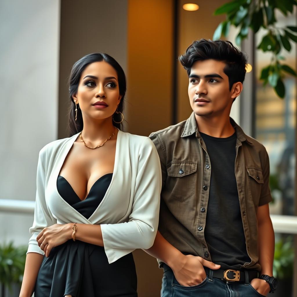 A wealthy Indonesian woman with large breasts, dressed elegantly yet modestly, confidently looking towards a handsome young man with a muscular build wearing casual clothes