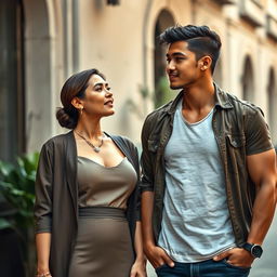 A wealthy Indonesian woman with large breasts, dressed elegantly yet modestly, confidently looking towards a handsome young man with a muscular build wearing casual clothes