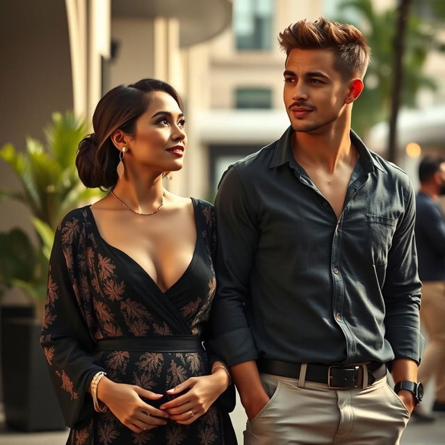 A wealthy Indonesian woman with large breasts, dressed elegantly yet modestly, confidently looking towards a handsome young man with a muscular build wearing casual clothes