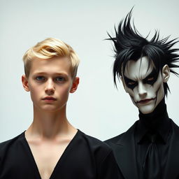 A young blonde man paired with his villain counterpart in a minimalist aesthetic