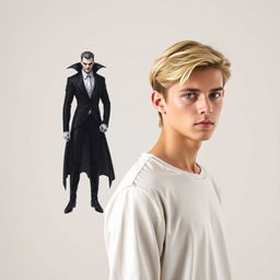 A young blonde man paired with his villain counterpart in a minimalist aesthetic