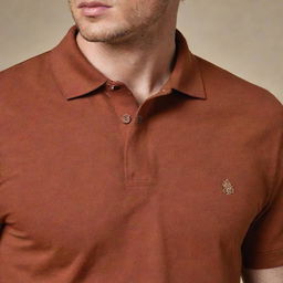 A stylish rust brown polo shirt impeccably designed with slight variations in hue, featuring a soft collar and a two-button placket.