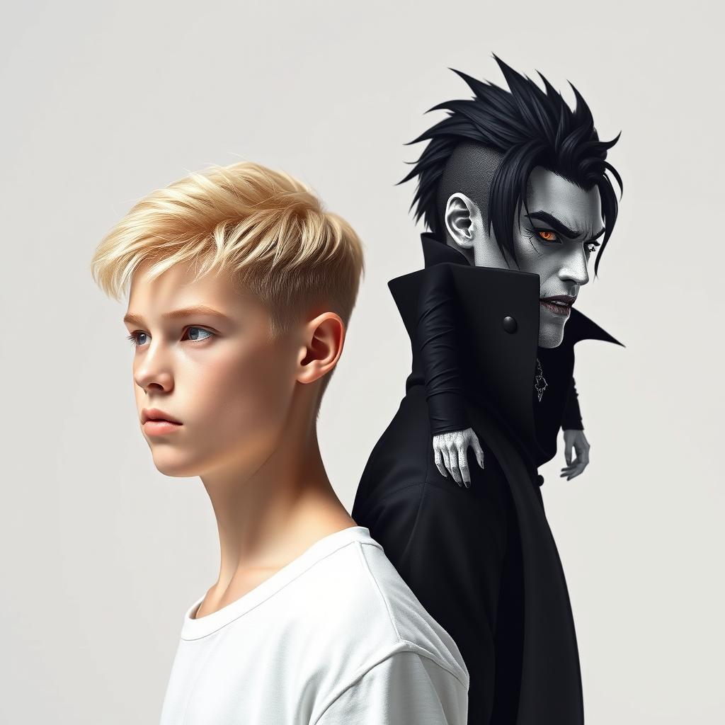 A young blonde man paired with his villain counterpart in a minimalist aesthetic