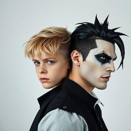 A young blonde man paired with his villain counterpart in a minimalist aesthetic