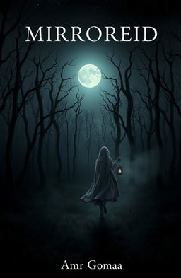 A dark and misty forest devoid of grass, filled with gnarled, dead trees under a night sky lacking stars, illuminated only by the faint glow of the moon