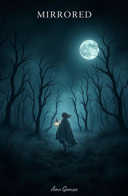 A dark and misty forest devoid of grass, filled with gnarled, dead trees under a night sky lacking stars, illuminated only by the faint glow of the moon