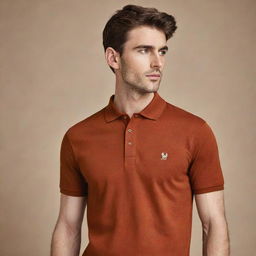 A stylish rust brown polo shirt impeccably designed with slight variations in hue, featuring a soft collar and a two-button placket.