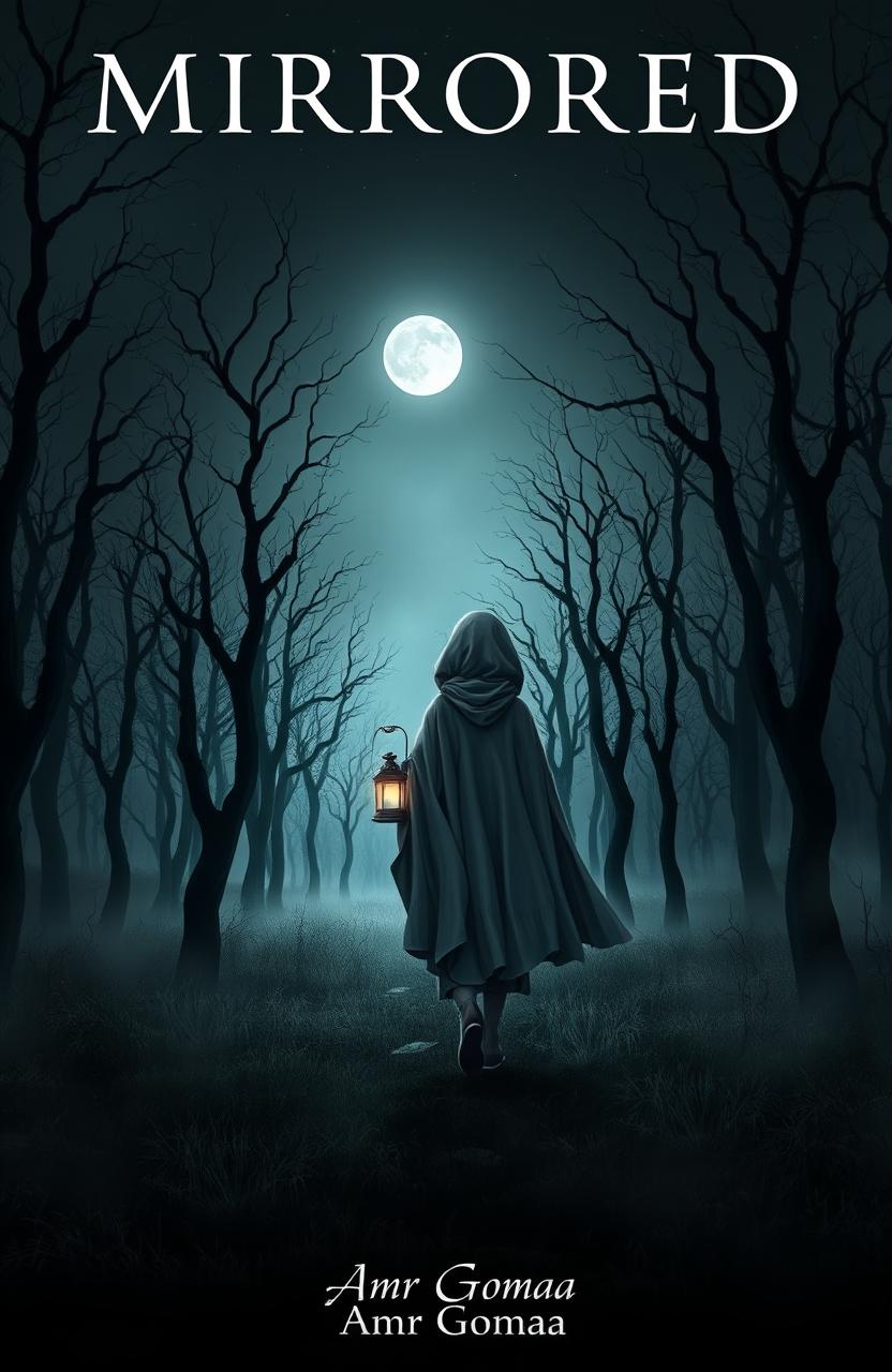 A dark and misty forest devoid of grass, filled with gnarled, dead trees under a night sky lacking stars, illuminated only by the faint glow of the moon