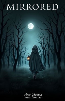 A dark and misty forest devoid of grass, filled with gnarled, dead trees under a night sky lacking stars, illuminated only by the faint glow of the moon