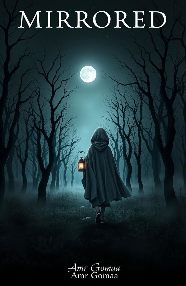 A dark and misty forest devoid of grass, filled with gnarled, dead trees under a night sky lacking stars, illuminated only by the faint glow of the moon