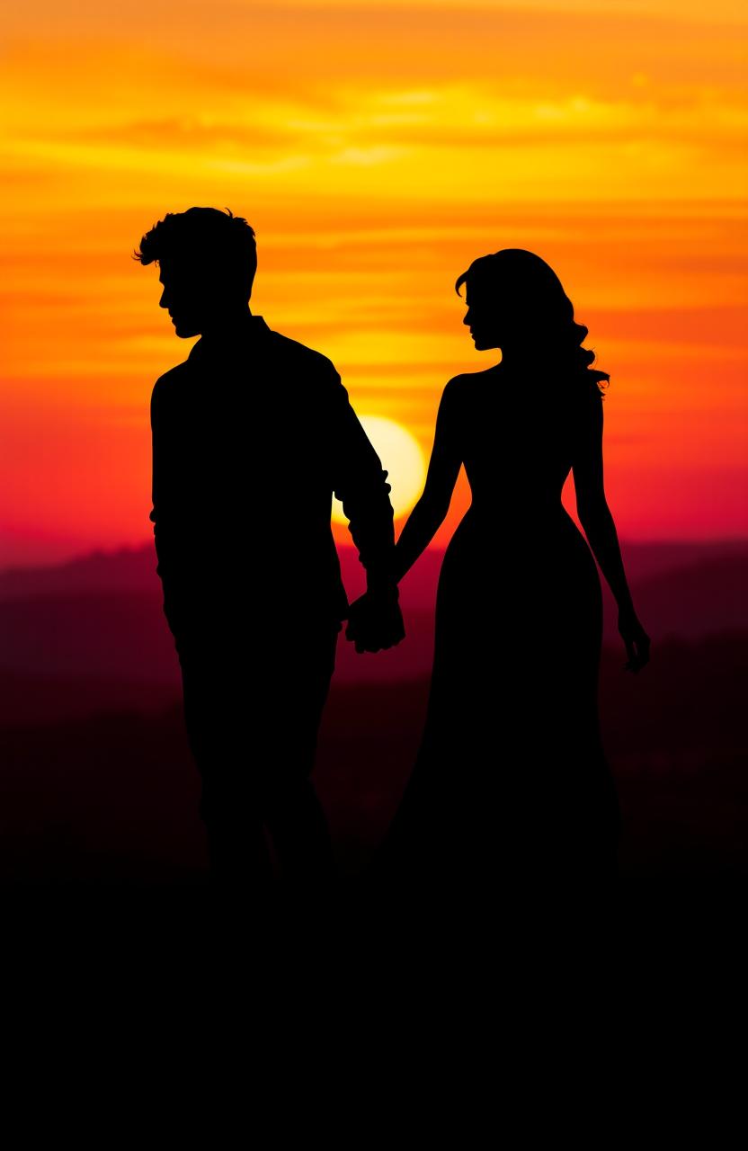 A beautifully crafted silhouette of two people walking hand-in-hand, framed against a vibrant, breathtaking sunset