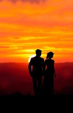 A beautifully crafted silhouette of two people walking hand-in-hand, framed against a vibrant, breathtaking sunset