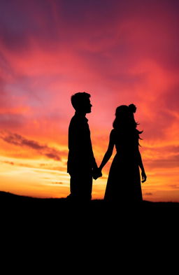 A beautifully crafted silhouette of two people walking hand-in-hand, framed against a vibrant, breathtaking sunset