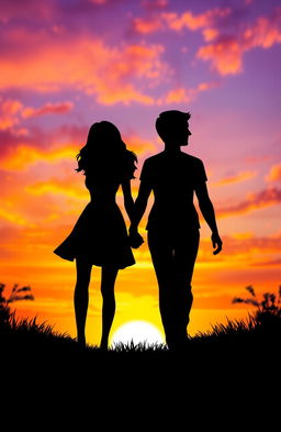 A beautifully crafted silhouette of two people walking hand-in-hand, framed against a vibrant, breathtaking sunset