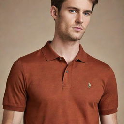 A stylish rust brown polo shirt impeccably designed with slight variations in hue, featuring a soft collar and a two-button placket.