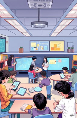 A detailed illustration of a modern, interactive classroom environment designed for advanced learning, inspired by the concepts created by Hiral Ghodasara and Jonsi Rasadiya