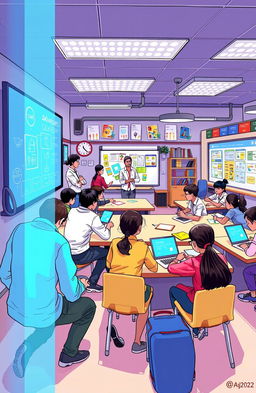 A detailed illustration of a modern, interactive classroom environment designed for advanced learning, inspired by the concepts created by Hiral Ghodasara and Jonsi Rasadiya