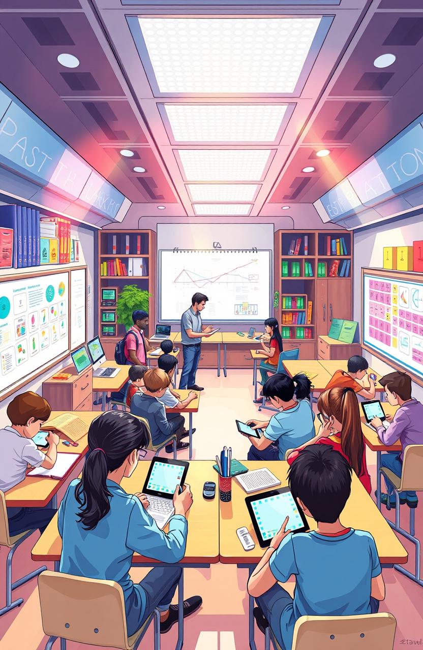 A detailed illustration of a modern, interactive classroom environment designed for advanced learning, inspired by the concepts created by Hiral Ghodasara and Jonsi Rasadiya