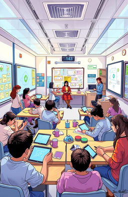 A detailed illustration of a modern, interactive classroom environment designed for advanced learning, inspired by the concepts created by Hiral Ghodasara and Jonsi Rasadiya