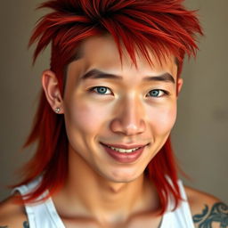 A young Chinese man in his twenties with long red mullet hairstyle, bright blue eyes and fair skin