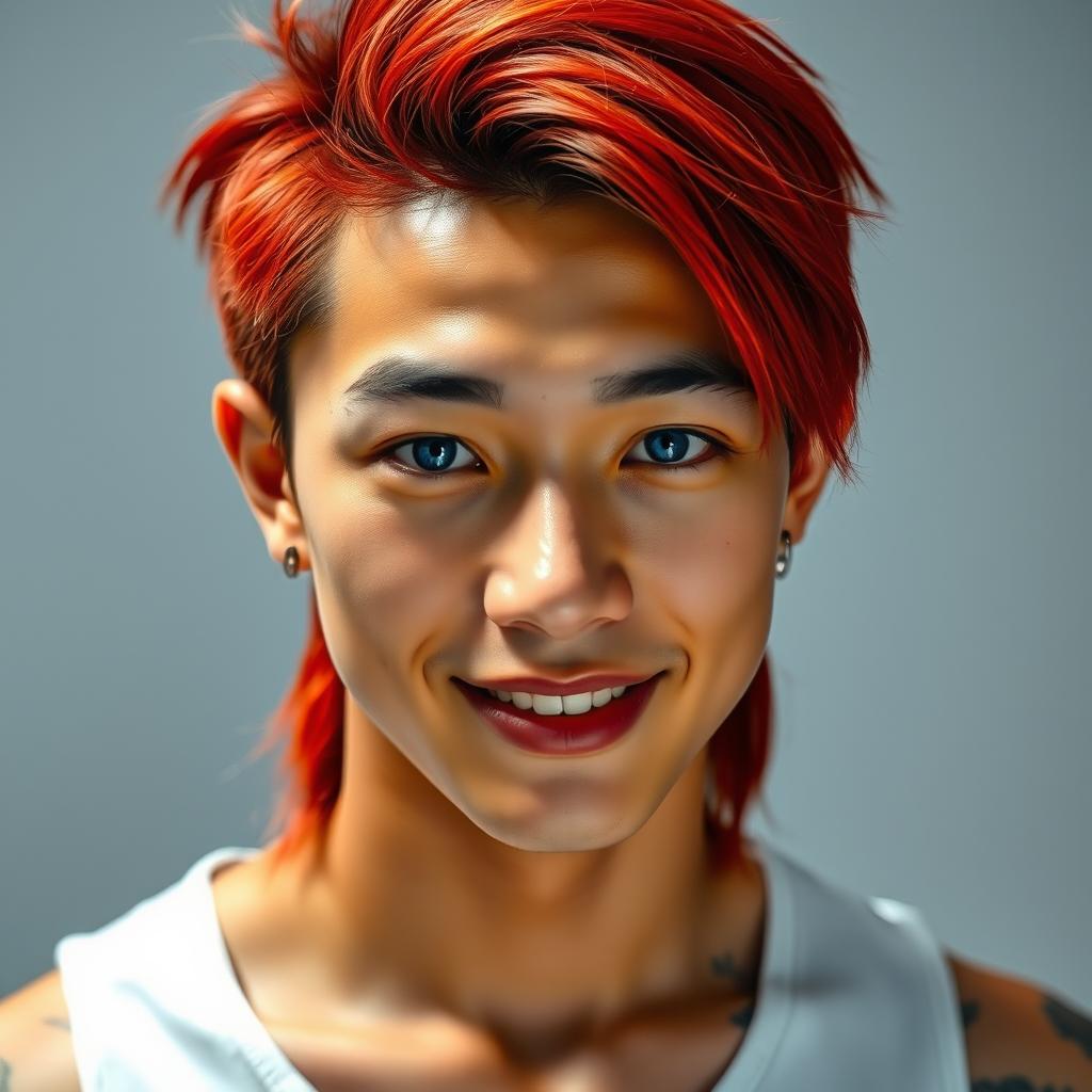 A young Chinese man in his twenties with long red mullet hairstyle, bright blue eyes and fair skin