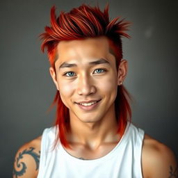 A young Chinese man in his twenties with long red mullet hairstyle, bright blue eyes and fair skin