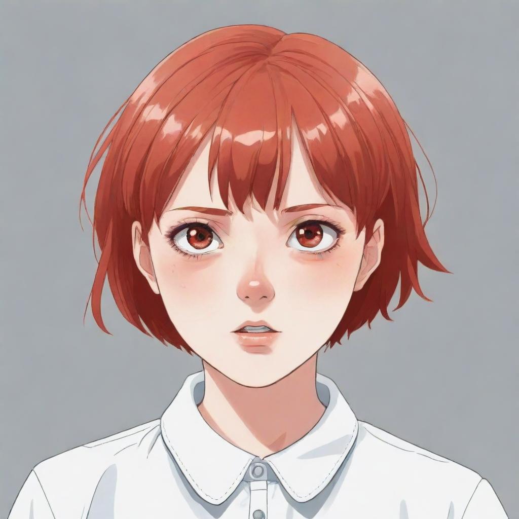 Anime style illustration of a sixteen-year-old girl with short red hair, dressed in white. She looks terribly scared, her pupils dilated giving a striking emotional intensity.