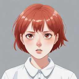 Anime style illustration of a sixteen-year-old girl with short red hair, dressed in white. She looks terribly scared, her pupils dilated giving a striking emotional intensity.