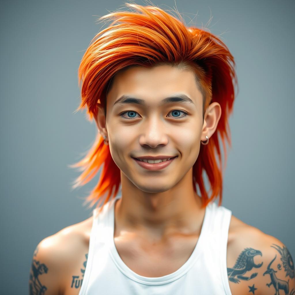 A young Chinese man in his twenties with a long red mullet hairstyle, bright blue eyes and fair skin