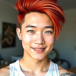 A young Chinese man in his twenties with a long red mullet hairstyle, bright blue eyes and fair skin