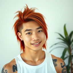 A young Chinese man in his twenties with a long red mullet hairstyle, bright blue eyes and fair skin